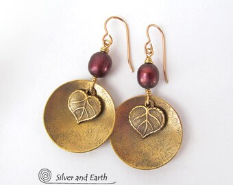 Gold Dangle Earrings, Leaf Earrings, Bronze Pearl Earrings, Nature Earrings, Nature Gift for Her, Handmade Brass Earrings, Leaf Jewelry