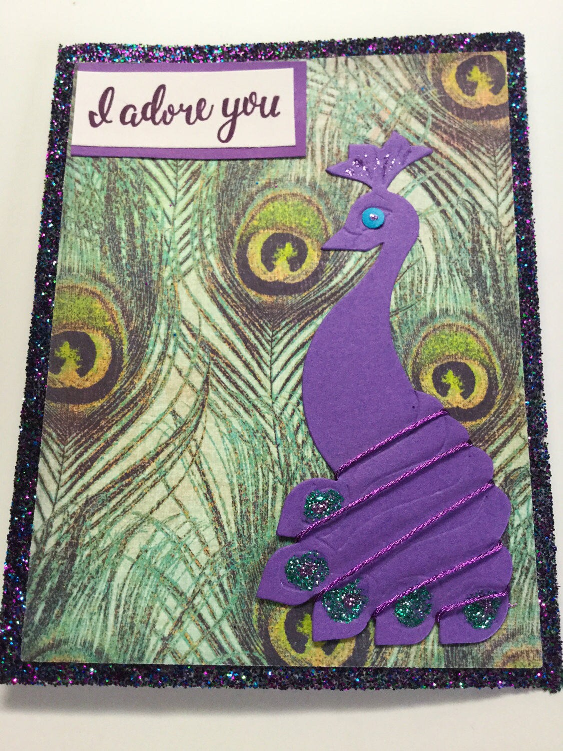 Hand Made Peacock Cards Sparkly Peacocks Purple Saphire