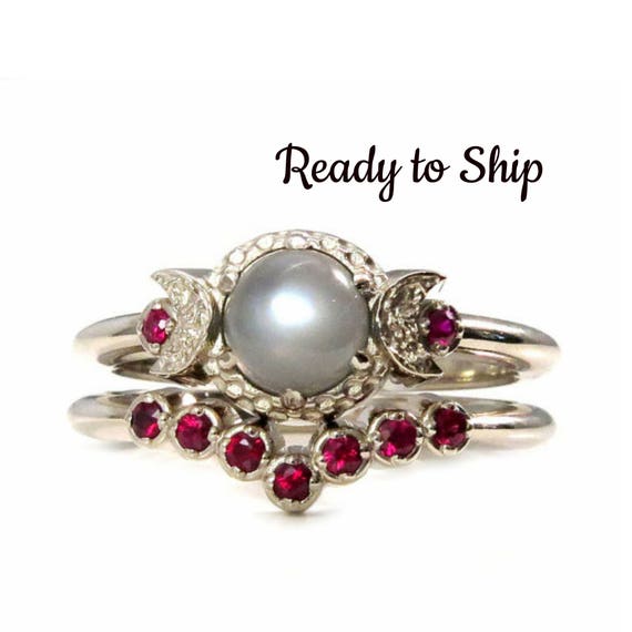 Ready to Ship Size 6 - 8 Gray Moonstone Moon Engagement Ring with Ruby Crown Band - 14k Palladium White Gold
