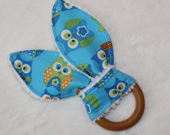 Blue and Green Owls Rabbit Ears Wooden Teething Ring