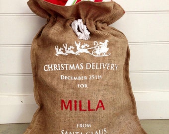 Personalised Hessian Santa Christmas Sack in White Print