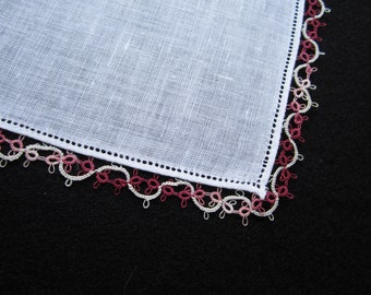 Rose Variegated Tatted Edging Linen HANDKERCHIEF Hanky Hankie