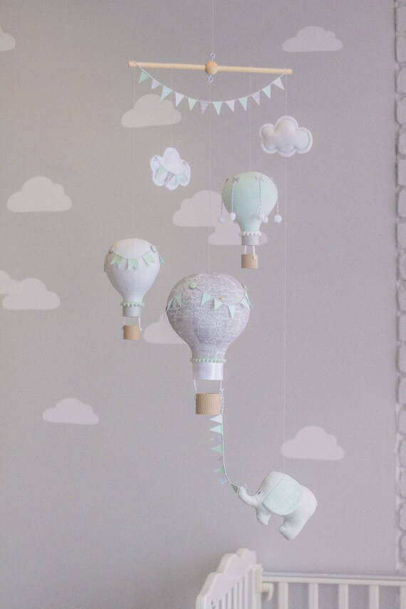 Mint and Grey Elephant and Hot Air Balloon Baby Mobile