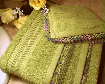 Bathroom Hand Towels, Guest Hand Towels, Edged in Tatted Lace