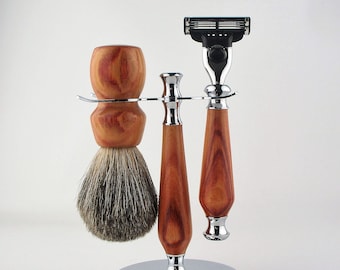 Hand-turned tulip wood shaving set - Razor, Stand and Brush