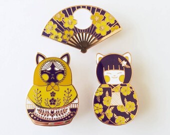 Sakura Cat dolls enamel pin, kokeshi matryoshka pin, graphic sakura flowers pin, japanese inspired pin set, plum and mustard