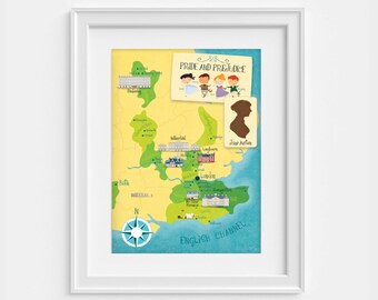 Pride and Prejudice map. Jane austen poster (12,60 x 18,10)