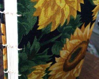 Hand Bound Mini Sketchbook - Mini Journal - Sunflower Fabric Cover