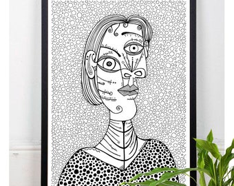 Picasso, Cubism, Art Print, Home Decor, Picasso Painting, Vintage art,Classic Art, Wall Decor, Black and White, Zentangle Art, Polka Dots
