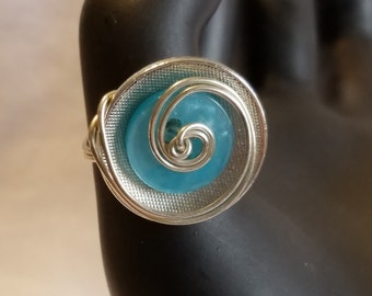 Silver and Aqua Button and Wire Ring Size 7