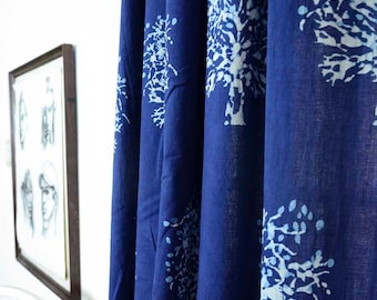 Window curtains SAMPLE SALE SINGLE 44"x96" Indigo blue curtains bedroom living - hand block printed - Cotton - Home and Living - Tree