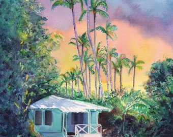 kauai plantation cottage, kauai art, 8x10 prints, hawaii art, hawaiian paintings, kauai giclee, waimea cottages, tropical sunsets, houses