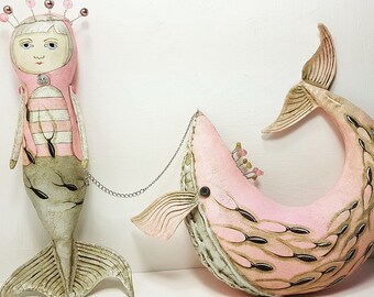 Mermaid folk art cloth doll sculpture - original contemporary folk art doll