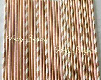 Blush and Rose Gold Straws Foil Straws Striped Rose Gold Metallic Straws Fancy Paper Straws Wedding Birthday Party Shower Straws