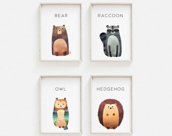 Woodland Animal Prints - A3 A4 A6 - Watercolour animal images - Bear, Raccoon, Owl, Hedgehog