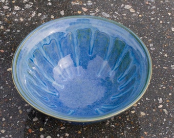 Fruit Bowl,Ocean Blue Green Drip, Etched Stripes, Blue Green, Natural Patina High Fire Stoneware, Hand Painted, Ready To Ship