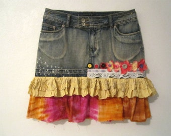 Altered couture skirt, Boho, Goth upcycled skirt, Adorned denim skirt, Size S/M