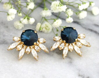 Blue Navy Earrings, Bridal Earrings, Swarovski Navy Blue Earrings, Bridal Cluster Earrings, Midnight Blue Earrings, Bridesmaids Earrings