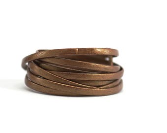 Lace / cord / leather flat - width 3 mm / Ep. : 1 mm - Bronze color cord of leather (sold by the yard)