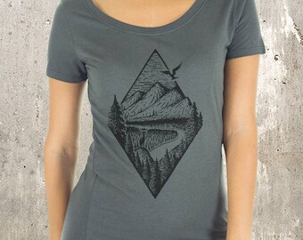 Women's Organic Scoop Neck T-Shirt - Rivers Mountains Forest - Women's Viscose Bamboo and Organic Cotton Tee
