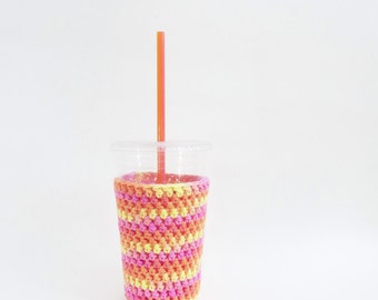 iced coffee cozy. Crochet coffee cozy. pink cup cozy. Cotton cup sleeve. Eco friendly cup jacket. Summer drink cozy. Orange Yellow cozy.