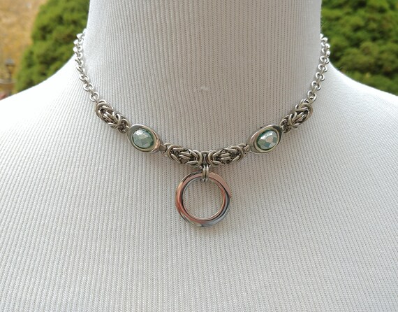 24/7 Wear Discreet Symbolic O Ring Day Collar Necklace, BDSM Submissive Slave Collar, Stainless Steel Chain/Maille Collar Aqua Mercury Bead