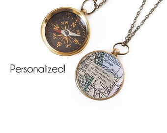 Large Custom Map Compass Necklace Personalized Quote, Working Compass, Graduation Gift, Home State Gifts, Moving, Inspirational, Travel