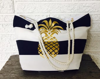 Pineapple Beach Bag, Striped Beach Tote, Waterproof Beach Bag, Cruise Tote, Vacation Bag, Pineapple Gift, Beachlovers Gift