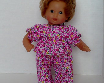 12 in Corolle or Baby Alive Flannel Pajamas with Tiny Pink, Red and Lavender Flowers