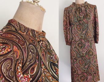 1970's Psychedelic Paisley Nylon Shift Dress Size Small Medium by Maeberry Vintage