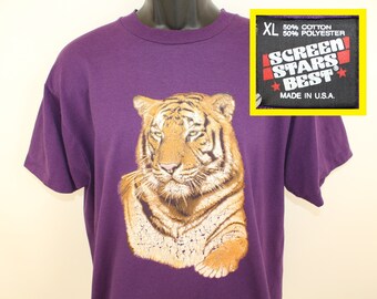 Tiger graphic vintage t-shirt XL purple 80s 90s Screen Stars Best cotton polyester jungle