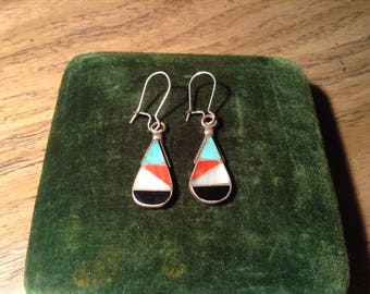 Native American Inlaid Turquoise, Coral and Jet Pierced Earrings