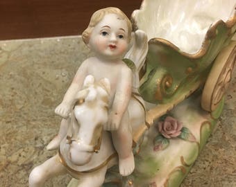 Vintage Lefton Hand Painted Angel Horse Carriage #590; Lefton Flowers; 9.5"