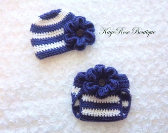 Newborn Baby Girl Crochet Flower Hat and Diaper Cover Set Purple and White Stripes