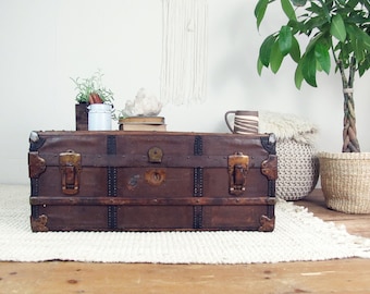 trunk coffee table,wooden trunk,storage trunk,vintage trunk,steamer trunk,travel trunk,HENRY LIKLY & CO,Rochester ny,farmhouse antiques