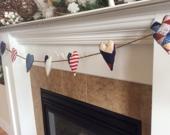 Independence Day Decor, Mantle Decor, 4th of July Decor, Heart Red White and Blue,I love America, American Flag, Patriotic Garland