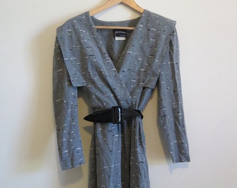 80s does 40s Speckled Belted Midi Dress - Wrap, Sleeved, AU 8-10