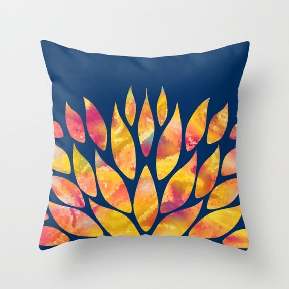 Blue and Orange Pillow Cover Floral Pillow Red Yellow Navy