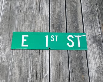 Vintage Metal Street Sign - Aluminum Double Sided Reflective Green - E 1st Street