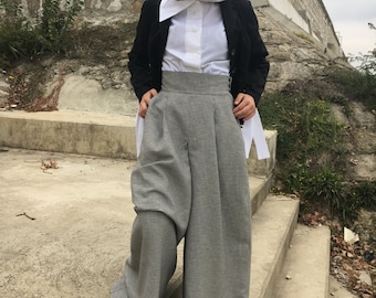 High Waist Pants, Wool Pants, Vintage Clothing, Harem Skirt Pants, Wide Leg Pants, Plus Size Clothes, Retro Pants, Gray Pants, Plaid Pants