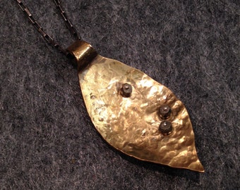 leaf necklace - small-gemstone pyrite "dew drops" - forged leaf-sterling chain