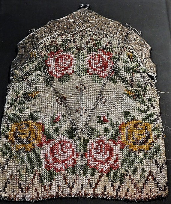 Micro Beaded Purse / Evening Bag / Handbag / 1800s Victorian /Cherubs / Flutes /Repousse / Filigree Frame