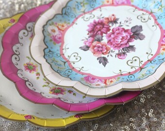 8 FLORAL TEA PARTY Mint Paper Plates Gold Parisian Vintage 8 FLORAL TEA PARTY Mint Paper Plates Gold Parisian Vintage