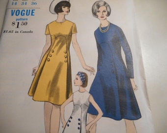 Vintage 1960's Vogue 6625 Mod Dress Sewing Pattern Size 14 Bust 34