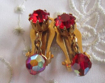 Vintage Gold Tone Ruby Red Rhinestone and Ruby Red Glass Bead Drop Clip On Earrings