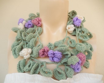 Sage Green Scarf-Leaves Necklace Scarf-Lariat Scarf-Handmade Long Scarf with Flowers