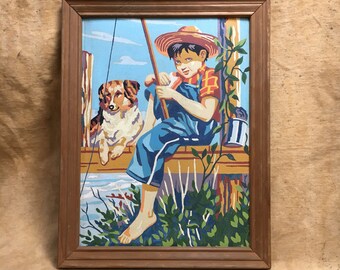 Paint By Number Boy Fishing Dog, Vintage Painting Mid Century Boy Portrait Huckleberry Finn
