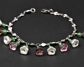 Charm bracelet, flower charm bracelet, pastel bracelet, Dainty flower bracelet, heart bracelet, silver bracelet, bohemian glass beads, Bangle, boho