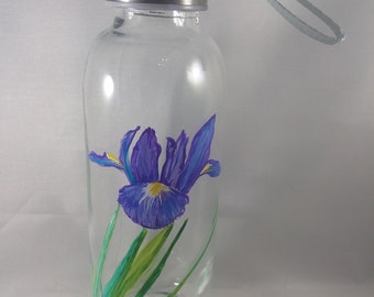 Handpainted Iris Water Bottle with Metal Top