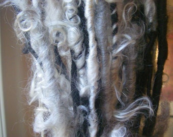 Handspun Corespun Bulky Art Yarn in Natural White Mohair Locks with Black Wool Roving by KnoxFarmFiber for Weaving Knitting Embellishment